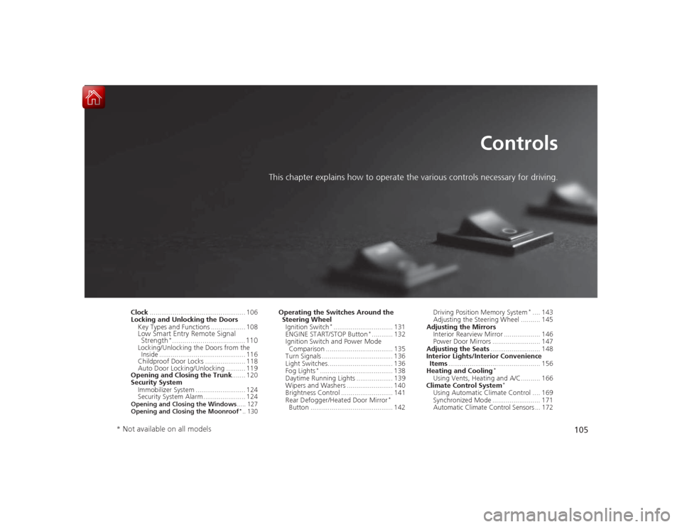HONDA ACCORD 2015 9.G Owners Manual 105
Controls
This chapter explains how to operate the various controls necessary for driving.
Clock.................................................. 106
Locking and Unlocking the Doors
Key Types and 