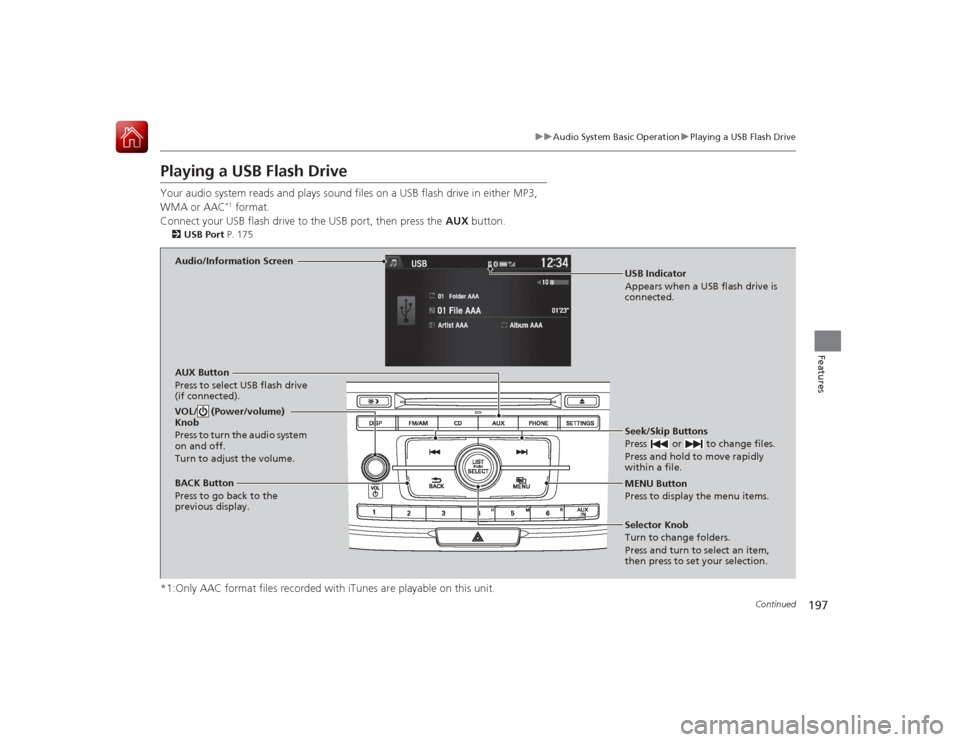HONDA ACCORD 2015 9.G Owners Manual 197
uuAudio System Basic Operation uPlaying a USB Flash Drive
Continued
Features
Playing a USB Flash DriveYour audio system reads and plays sound files on a USB flash drive in either MP3,
WMA or AAC
HONDA ACCORD 2015 9.G Owners Manual 197
uuAudio System Basic Operation uPlaying a USB Flash Drive
Continued
Features
Playing a USB Flash DriveYour audio system reads and plays sound files on a USB flash drive in either MP3,
WMA or AAC