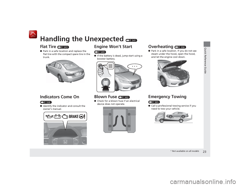 HONDA ACCORD 2015 9.G Owners Manual Quick Reference Guide23
Handling the Unexpected 
(P 541)
Flat Tire 
(P 543)
● Park in a safe location and replace the 
flat tire with the compact spare tire in the 
trunk.
Indicators Come On (P 558)