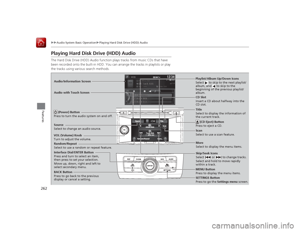 HONDA ACCORD 2015 9.G Owners Manual 262
uuAudio System Basic Operation uPlaying Hard Disk Drive (HDD) Audio
Features
Playing Hard Disk Drive (HDD) AudioThe Hard Disk Drive (HDD) Audio function plays tracks from music CDs that have
been HONDA ACCORD 2015 9.G Owners Manual 262
uuAudio System Basic Operation uPlaying Hard Disk Drive (HDD) Audio
Features
Playing Hard Disk Drive (HDD) AudioThe Hard Disk Drive (HDD) Audio function plays tracks from music CDs that have
been