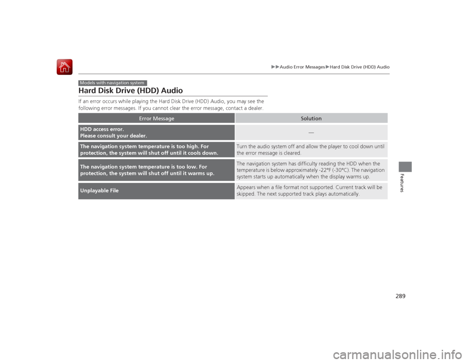 HONDA ACCORD 2015 9.G Owners Manual 289
uuAudio Error Messages uHard Disk Drive (HDD) Audio
Features
Hard Disk Drive (HDD) AudioIf an error occurs while playing the Hard Disk Drive (HDD) Audio, you may see the
following error messages. HONDA ACCORD 2015 9.G Owners Manual 289
uuAudio Error Messages uHard Disk Drive (HDD) Audio
Features
Hard Disk Drive (HDD) AudioIf an error occurs while playing the Hard Disk Drive (HDD) Audio, you may see the
following error messages.