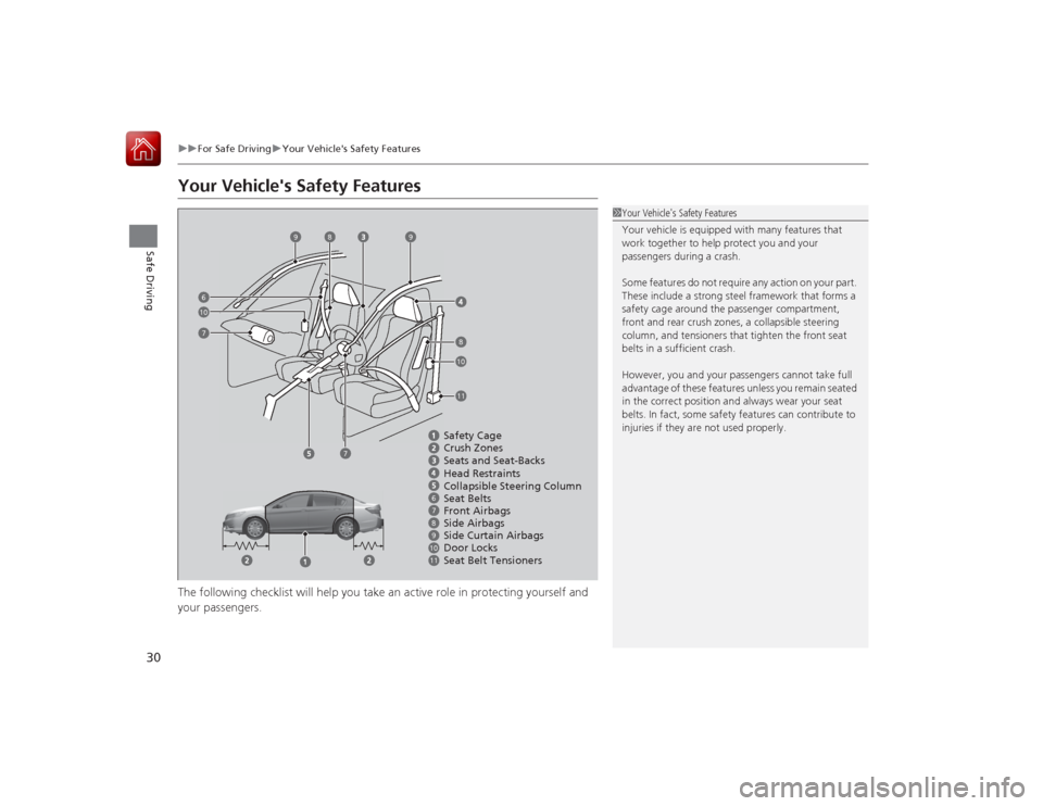 HONDA ACCORD 2015 9.G Owners Manual 30
uuFor Safe Driving uYour Vehicles Safety Features
Safe Driving
Your Vehicles Safety FeaturesThe following checklist will help you take an active role in protecting yourself and 
your passengers.
