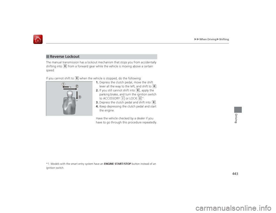 HONDA ACCORD 2015 9.G Owners Manual 443
uuWhen Driving uShifting
Driving
The manual transmission has a lockout mechanism that stops you from accidentally
shifting into
(R
from a forward gear while the vehicle is moving above a certai HONDA ACCORD 2015 9.G Owners Manual 443
uuWhen Driving uShifting
Driving
The manual transmission has a lockout mechanism that stops you from accidentally
shifting into
(R
from a forward gear while the vehicle is moving above a certai