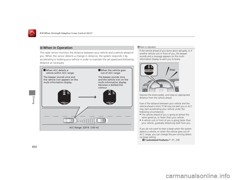 HONDA ACCORD 2015 9.G Owners Manual uuWhen Driving uAdaptive Cruise Control (ACC)
*
450Driving
The radar sensor monitors the distance between your vehicle and a vehicle ahead of
you. When the sensor detects a change in distance, the s HONDA ACCORD 2015 9.G Owners Manual uuWhen Driving uAdaptive Cruise Control (ACC)
*
450Driving
The radar sensor monitors the distance between your vehicle and a vehicle ahead of
you. When the sensor detects a change in distance, the s