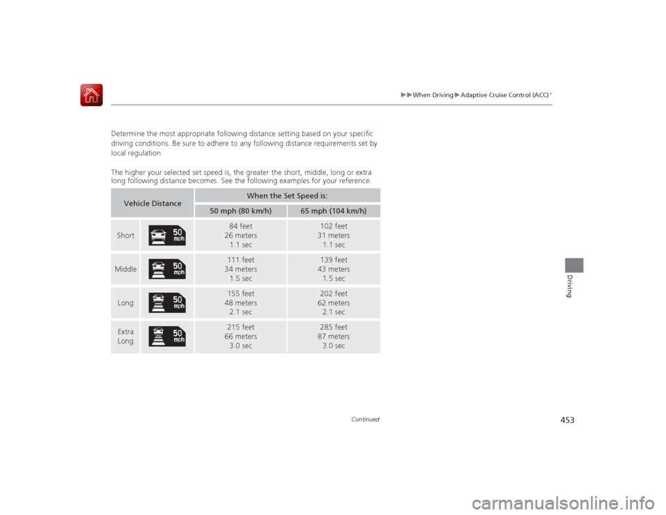 HONDA ACCORD 2015 9.G Owners Manual 453
uuWhen Driving uAdaptive Cruise Control (ACC)
*
Continued
Driving
Determine the most appropriate following distance setting based on your specific
driving conditions. Be su re to adhere to any fo HONDA ACCORD 2015 9.G Owners Manual 453
uuWhen Driving uAdaptive Cruise Control (ACC)
*
Continued
Driving
Determine the most appropriate following distance setting based on your specific
driving conditions. Be su re to adhere to any fo