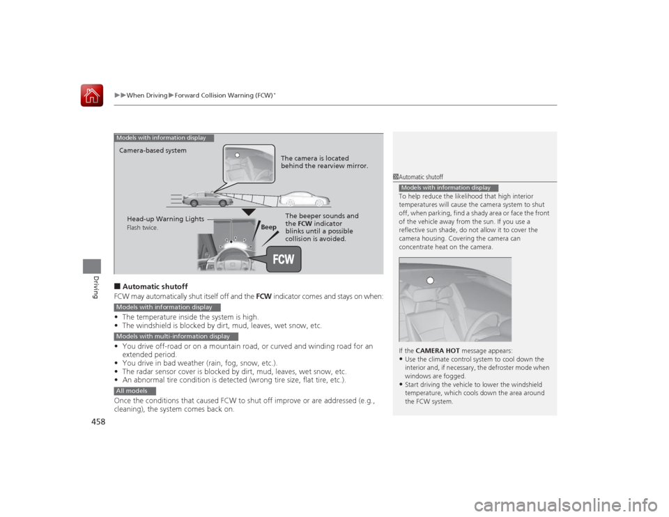 HONDA ACCORD 2015 9.G Owners Manual uuWhen Driving uForward Collision Warning (FCW)
*
458Driving
■Automatic shutoff
FCW may automatically shut itself off and the FCW indicator comes and stays on when:
• The temperature inside the s HONDA ACCORD 2015 9.G Owners Manual uuWhen Driving uForward Collision Warning (FCW)
*
458Driving
■Automatic shutoff
FCW may automatically shut itself off and the FCW indicator comes and stays on when:
• The temperature inside the s