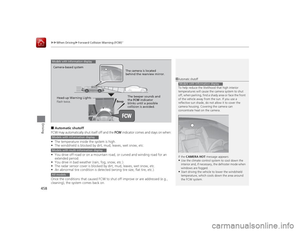HONDA ACCORD 2015 9.G Owners Manual uuWhen Driving uForward Collision Warning (FCW)
*
458Driving
■Automatic shutoff
FCW may automatically shut itself off and the  FCW indicator comes and stays on when:
• The temperature inside the s