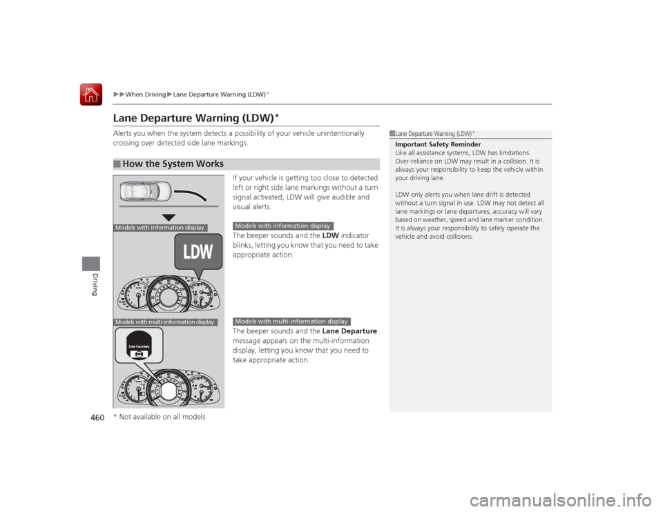 HONDA ACCORD 2015 9.G Owners Manual 460
uuWhen Driving uLane Departure Warning (LDW)
*
Driving
Lane Departure Warning (LDW)
*
Alerts you when the system detects a pos sibility of your vehicle unintentionally
crossing over detected side HONDA ACCORD 2015 9.G Owners Manual 460
uuWhen Driving uLane Departure Warning (LDW)
*
Driving
Lane Departure Warning (LDW)
*
Alerts you when the system detects a pos sibility of your vehicle unintentionally
crossing over detected side