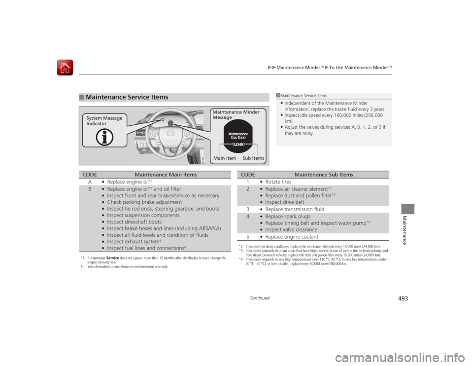 HONDA ACCORD 2015 9.G Owners Manual 493
uuMaintenance Minder
TMuTo Use Maintenance Minder
TM
Continued
Maintenance
■
Maintenance Service Items
1Maintenance Service Items•Independent of the Maintenance Minder
information, replace th HONDA ACCORD 2015 9.G Owners Manual 493
uuMaintenance Minder
TMuTo Use Maintenance Minder
TM
Continued
Maintenance
■
Maintenance Service Items
1Maintenance Service Items•Independent of the Maintenance Minder
information, replace th