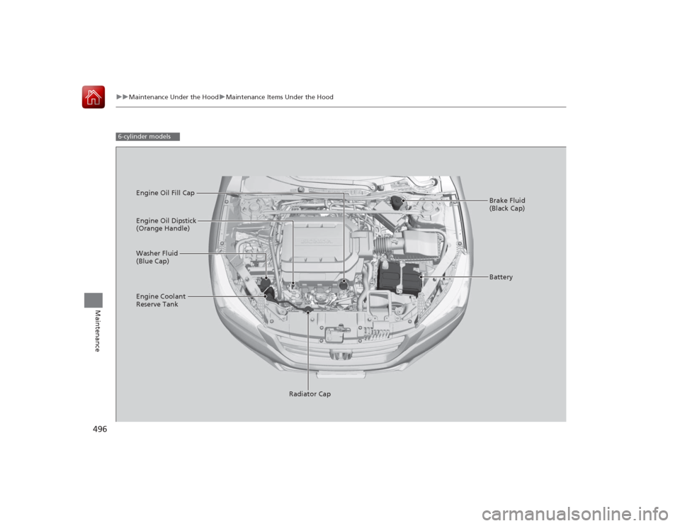 HONDA ACCORD 2015 9.G Owners Manual 496
uuMaintenance Under the Hood uMaintenance Items Under the Hood
Maintenance
6-cylinder models
Engine Oil Dipstick 
(Orange Handle)
Washer Fluid 
(Blue Cap)
Engine Coolant 
Reserve Tank
Radiator Cap