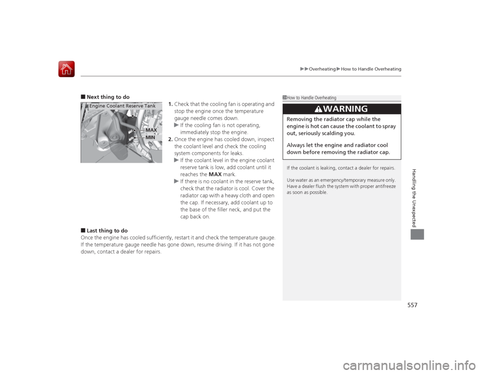 HONDA ACCORD 2015 9.G Owners Manual 557
uuOverheating uHow to Handle Overheating
Handling the Unexpected
■Next thing to do
1.Check that the cooling fan is operating and
stop the engine once the temperature
gauge needle comes down.
u HONDA ACCORD 2015 9.G Owners Manual 557
uuOverheating uHow to Handle Overheating
Handling the Unexpected
■Next thing to do
1.Check that the cooling fan is operating and
stop the engine once the temperature
gauge needle comes down.
u