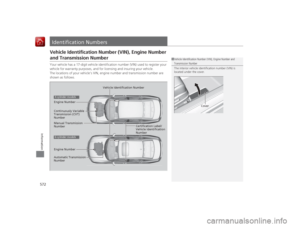 HONDA ACCORD 2015 9.G Owners Manual 572Information
Identification NumbersVehicle Identification Number (VIN), Engine Number and Transmission NumberYour vehicle has a 17-digit vehicle identification number (VIN) used to register your
ve HONDA ACCORD 2015 9.G Owners Manual 572Information
Identification NumbersVehicle Identification Number (VIN), Engine Number and Transmission NumberYour vehicle has a 17-digit vehicle identification number (VIN) used to register your
ve