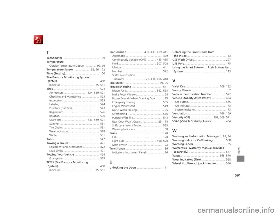 HONDA ACCORD 2015 9.G Owners Manual 591Index
TTachometer................................................  89
Temperature Outside Temperature Display ..............  92, 96
Temperature Sensor ....................  92, 96, 172
Time (Setti