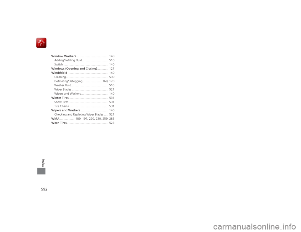 HONDA ACCORD 2015 9.G Owners Manual 592Index
Window Washers...................................... 140
Adding/Refilling Fluid ............................... 510
Switch ..................................................... 140
Windows (O