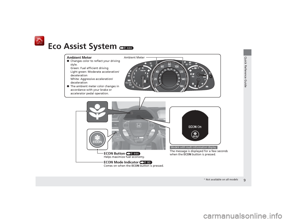 HONDA ACCORD 2015 9.G Owners Manual 9Quick Reference Guide
Eco Assist System
(P 444)
Ambient Meter●Changes color to reflect your driving
style.
Green: Fuel efficient driving
Light green: Moderate acceleration/
deceleration
White: Ag HONDA ACCORD 2015 9.G Owners Manual 9Quick Reference Guide
Eco Assist System
(P 444)
Ambient Meter●Changes color to reflect your driving
style.
Green: Fuel efficient driving
Light green: Moderate acceleration/
deceleration
White: Ag