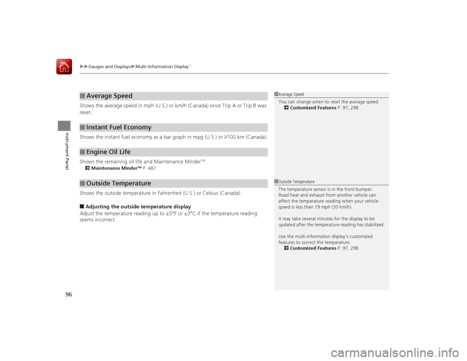 HONDA ACCORD 2015 9.G Owners Guide uuGauges and Displays uMulti-Information Display
*
96Instrument Panel
Shows the average speed in mph (U.S.) or km/h (Canada) since Trip A or Trip B was 
reset.
Shows the instant fuel economy as a bar 