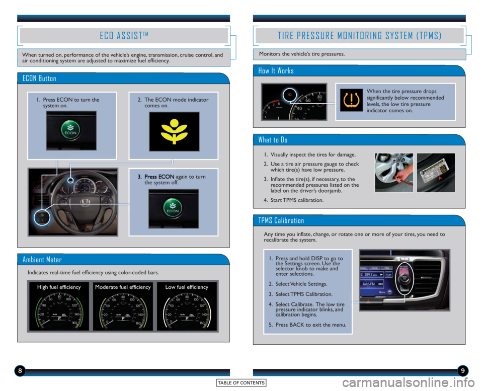 HONDA ACCORD SEDAN 2015 9.G Technology Reference Guide 3. Press ECONagain to turn
the system off.
2. The ECON mode indicator comes on.1. Press ECON to turn thesystem on.
ECON Button
ECO ASSISTTM
When turned on, performance of the vehicle’s engine, trans