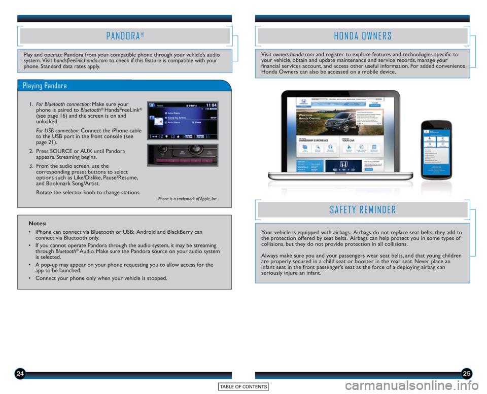 HONDA ACCORD SEDAN 2015 9.G Technology Reference Guide 2425
Play and operate Pandora from your compatible phone through your vehicle’s audio
system. Visit handsfreelink.honda.com to check if this feature is compatible with your
phone. Standard data rate