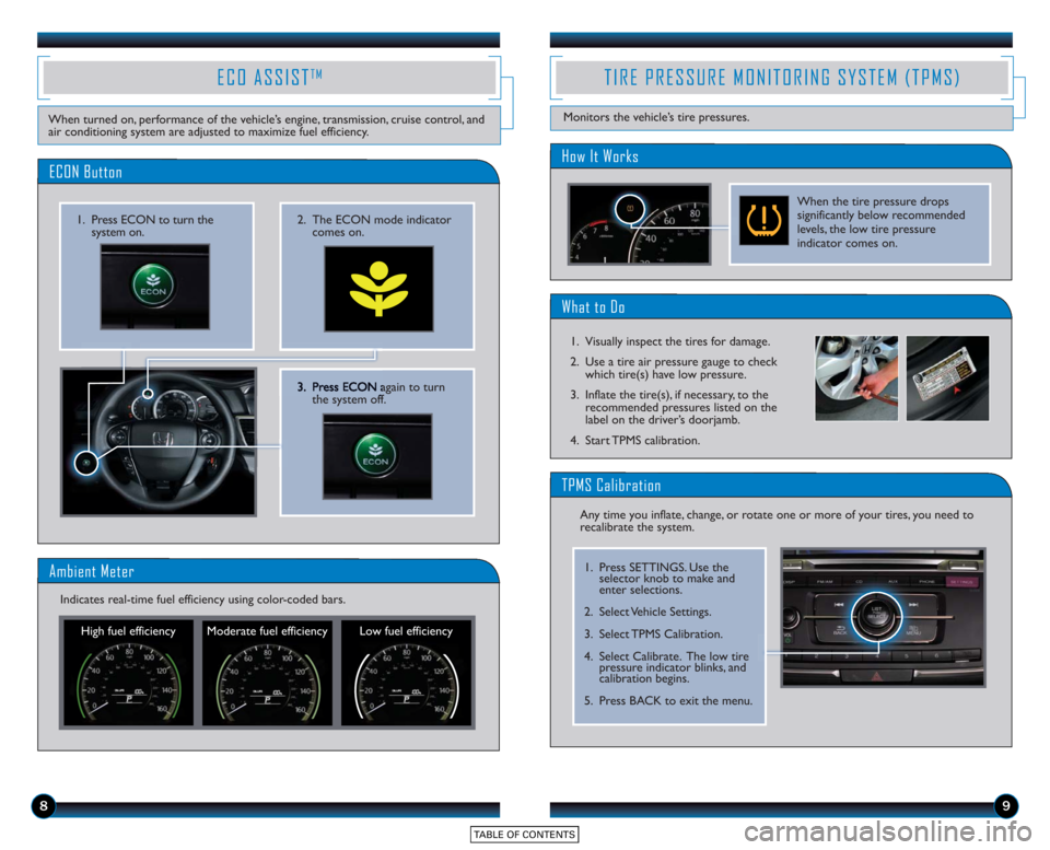 HONDA ACCORD SEDAN 2015 9.G Technology Reference Guide 89
3. Press ECONagain to turn
the system off.
2. The ECON mode indicator comes on.1. Press ECON to turn thesystem on.
ECON Button
ECO ASSISTTM
When turned on, performance of the vehicle’s engine, tr