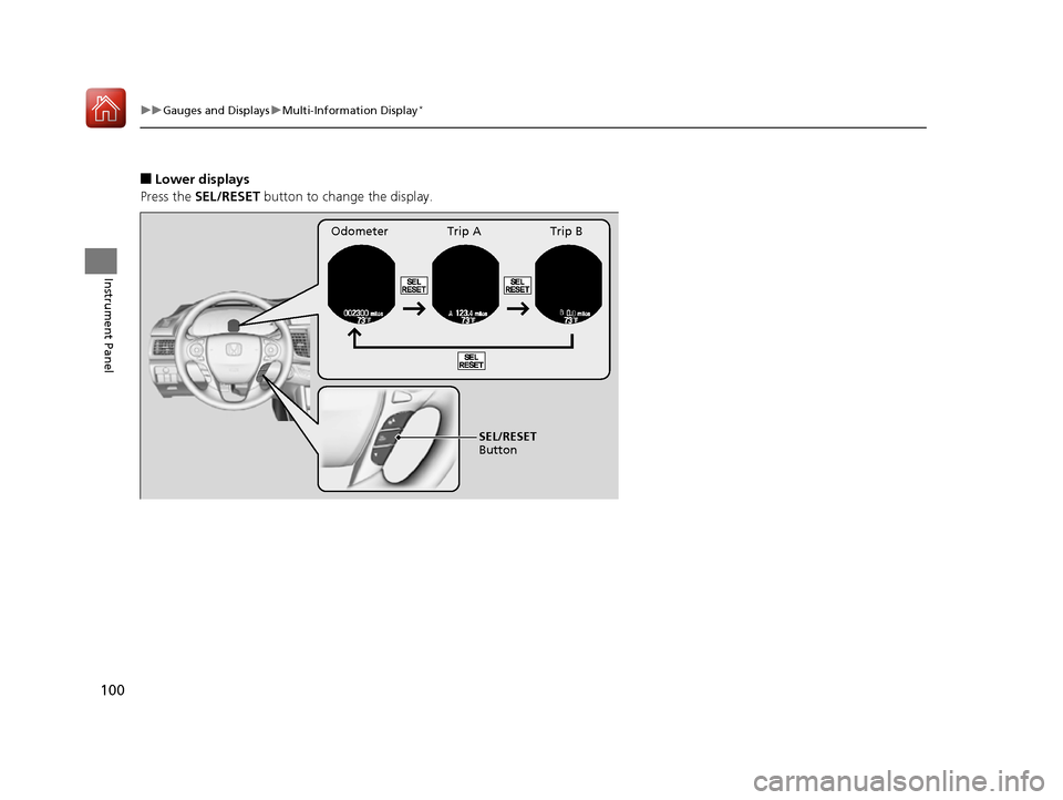 HONDA ACCORD 2016 9.G Owners Manual 100
uuGauges and Displays uMulti-Information Display*
Instrument Panel
■Lower displays
Press the  SEL/RESET  button to change the display.
Odometer Trip A Trip B
SEL/RESET 
Button
16 US ACCORD 4D (K
