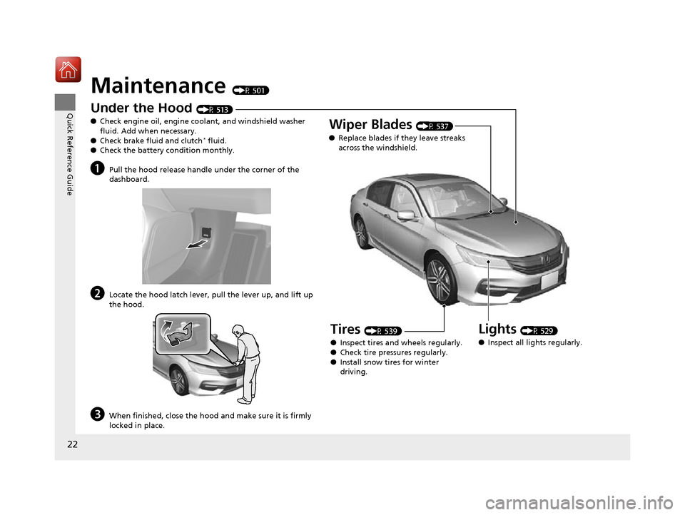 HONDA ACCORD 2016 9.G Owners Manual 22
Quick Reference Guide
Maintenance (P 501)
Under the Hood (P 513)
● Check engine oil, engine coolant, and windshield washer 
fluid. Add when necessary.
● Check brake fluid and clutch
* fluid.
�