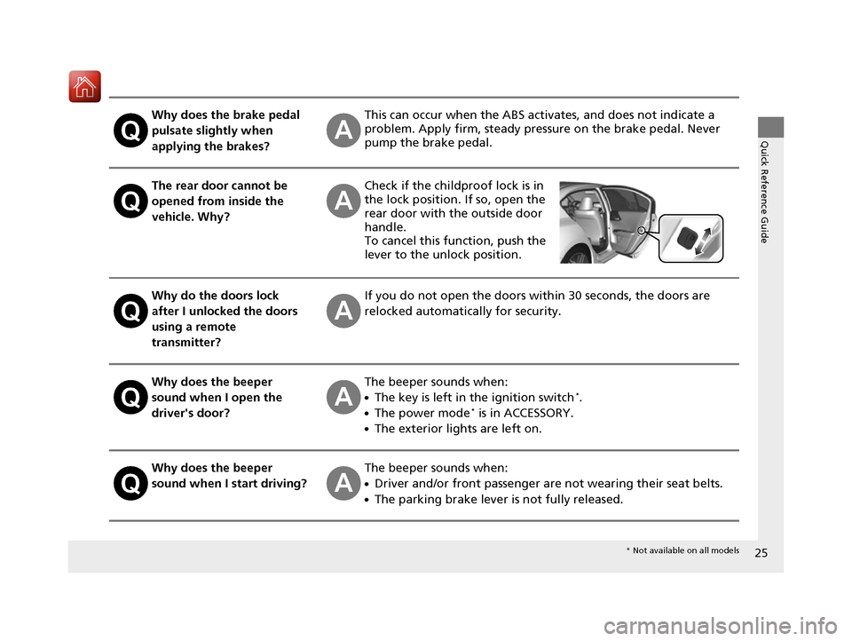 HONDA ACCORD 2016 9.G Owners Manual 25
Quick Reference Guide
Why does the brake pedal
pulsate slightly when
applying the brakes?This can occur when the ABS activates, and does not indicate a
problem. Apply firm, steady pressure on th HONDA ACCORD 2016 9.G Owners Manual 25
Quick Reference Guide
Why does the brake pedal
pulsate slightly when
applying the brakes?This can occur when the ABS activates, and does not indicate a
problem. Apply firm, steady pressure on th