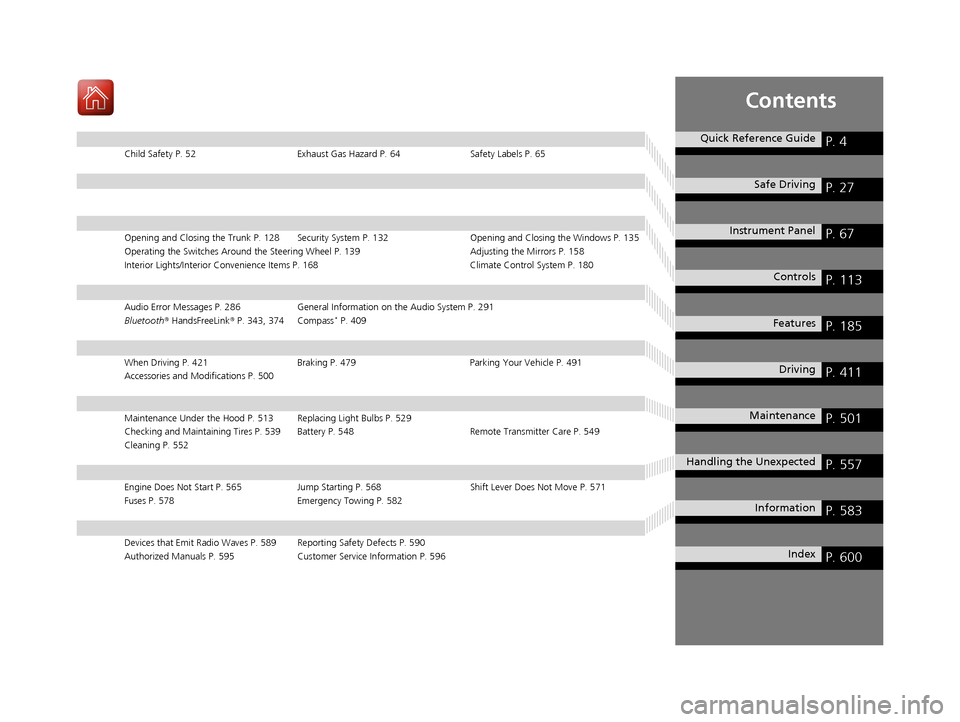 HONDA ACCORD 2016 9.G Owners Manual Contents
Child Safety P. 52Exhaust Gas Hazard P. 64Safety Labels P. 65
Opening and Closing the Trunk P. 128 Security System P. 132 Opening and Closing the Windows P. 135
Operating the Switches Around 