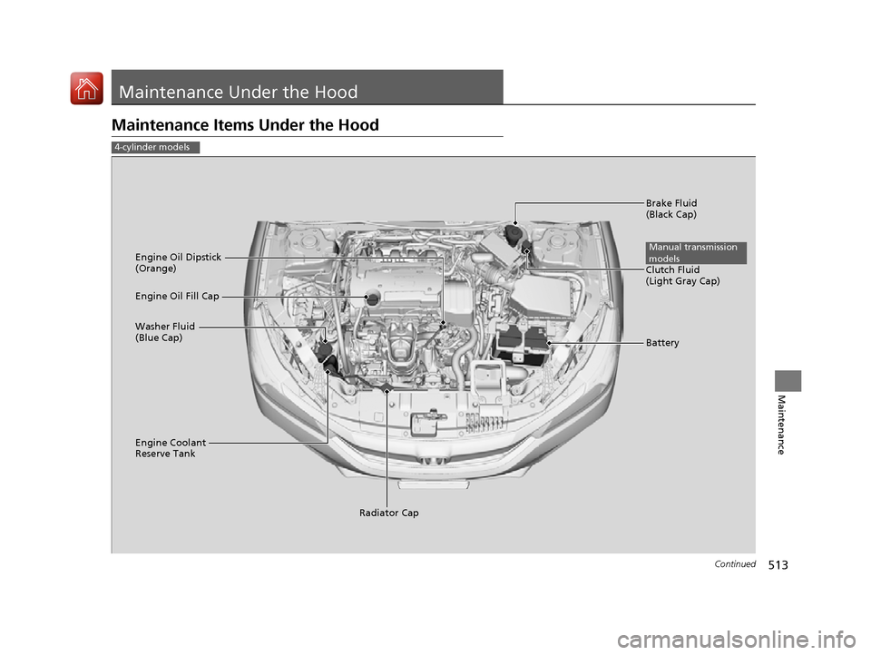 HONDA ACCORD 2016 9.G Owners Manual 513Continued
Maintenance
Maintenance Under the Hood
Maintenance Items Under the Hood
4-cylinder models
Brake Fluid 
(Black Cap)
Engine Coolant 
Reserve Tank Radiator Cap
Washer Fluid 
(Blue Cap) Engin