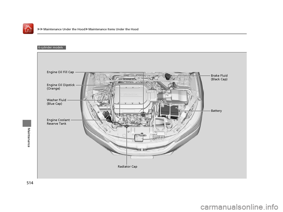 HONDA ACCORD 2016 9.G Owners Manual 514
uuMaintenance Under the Hood uMaintenance Items Under the Hood
Maintenance
6-cylinder models
Engine Oil Dipstick 
(Orange)
Washer Fluid 
(Blue Cap)
Engine Coolant 
Reserve Tank
Radiator Cap Brake 