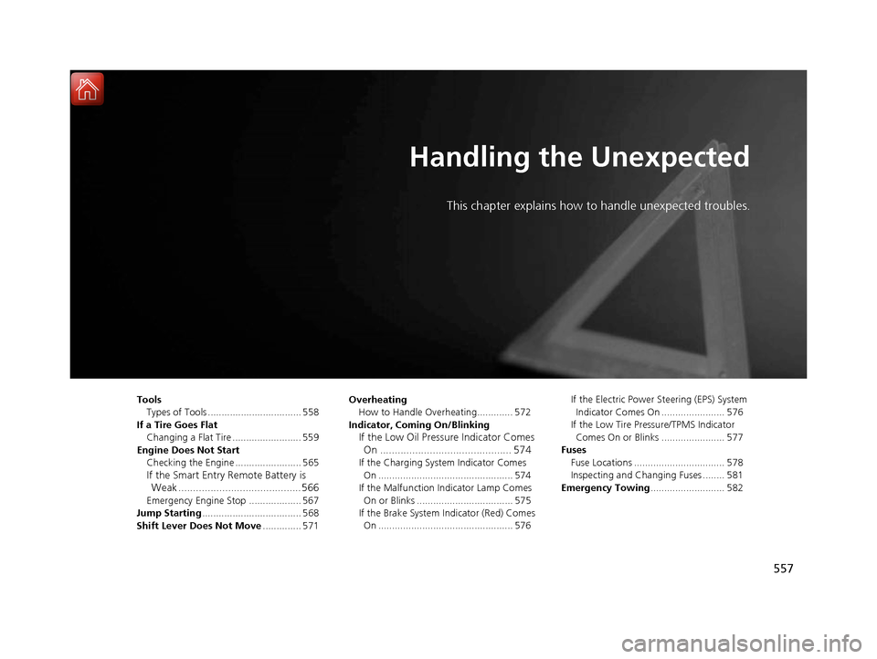 HONDA ACCORD 2016 9.G Owners Manual 557
Handling the Unexpected
This chapter explains how to handle unexpected troubles.
ToolsTypes of Tools .................................. 558
If a Tire Goes Flat Changing a Flat Tire ...............