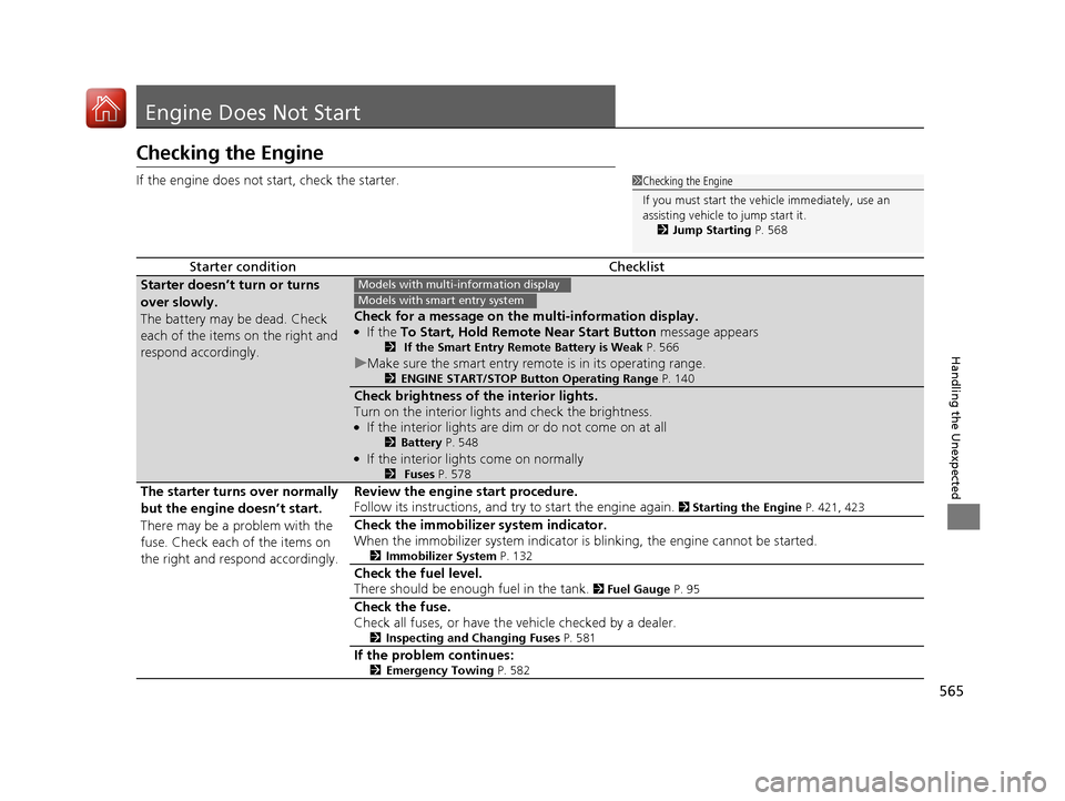 HONDA ACCORD 2016 9.G Owners Manual 565
Handling the Unexpected
Engine Does Not Start
Checking the Engine
If the engine does not start, check the starter.
Starter conditionChecklist
Starter doesn’t turn or turns 
over slowly.
The batt