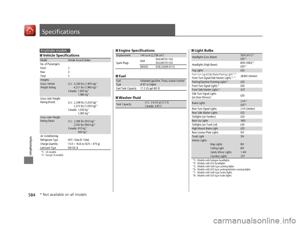 HONDA ACCORD 2016 9.G Owners Manual 584
Information
Specifications
■Vehicle Specifications
*1: LX models
*2: Except LX models
ModelHonda Accord Sedan
No. of Passengers:
Front 2
Rear 3
Total 5
Weights:Gross Vehicle 
Weight Rating U.S.: