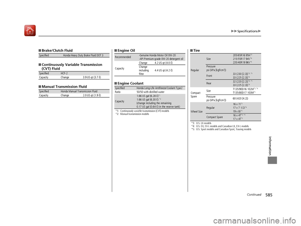 HONDA ACCORD 2016 9.G Owners Manual 585
uuSpecifications u
Continued
Information
■Brake/Clutch Fluid
■ Continuously Variable Transmission 
(CVT) Fluid
■ Manual Transmission Fluid
SpecifiedHonda Heavy Duty Brake Fluid DOT 3
Specifi