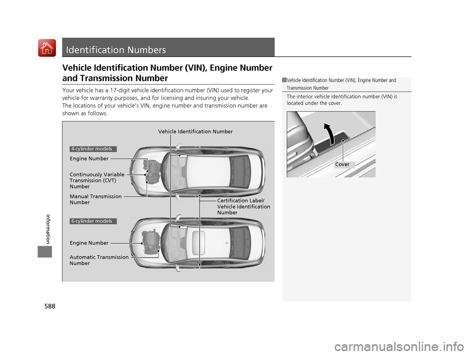 HONDA ACCORD 2016 9.G Owners Manual 588
Information
Identification Numbers
Vehicle Identification Number (VIN), Engine Number
and Transmission Number
Your vehicle has a 17-digit vehicle identifi cation number (VIN) used to register you HONDA ACCORD 2016 9.G Owners Manual 588
Information
Identification Numbers
Vehicle Identification Number (VIN), Engine Number
and Transmission Number
Your vehicle has a 17-digit vehicle identifi cation number (VIN) used to register you