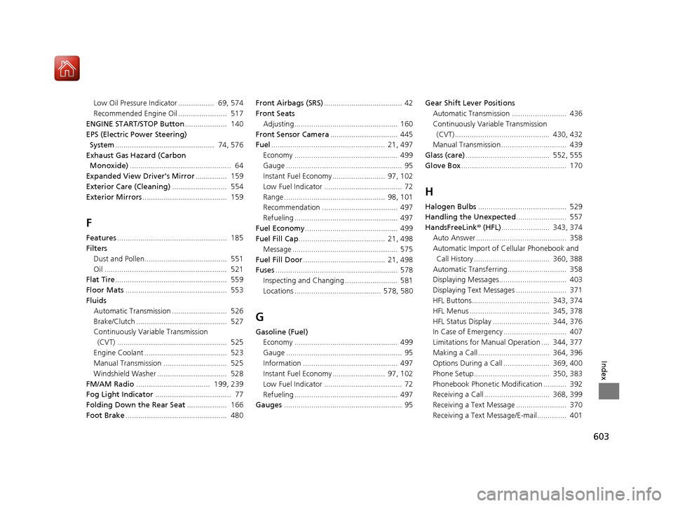 HONDA ACCORD 2016 9.G Owners Manual 603
Index
Low Oil Pressure Indicator .................  69, 574
Recommended Engine Oil .......................  517
ENGINE START/STOP Button ....................  140
EPS (Electric Power Steering)  Sy