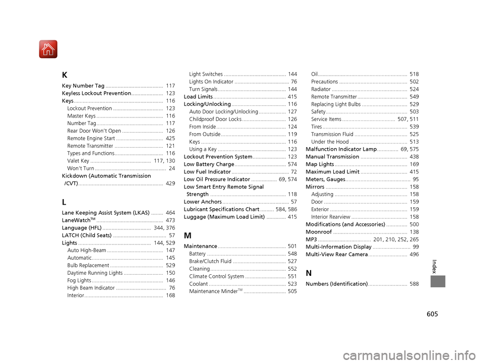 HONDA ACCORD 2016 9.G Repair Manual 605
Index
K
Key Number Tag......................................  117
Keyless Lockout Prevention .....................  123
Keys ...........................................................  116
Lockou