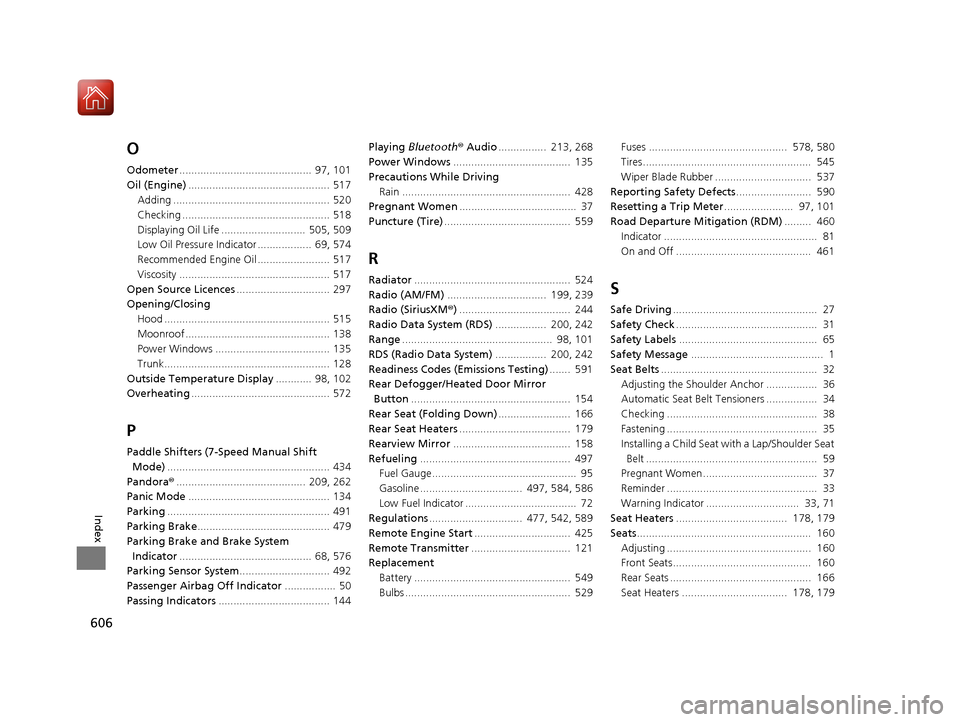 HONDA ACCORD 2016 9.G Repair Manual 606
Index
O
Odometer............................................  97, 101
Oil (Engine) ...............................................  517
Adding .................................................... 