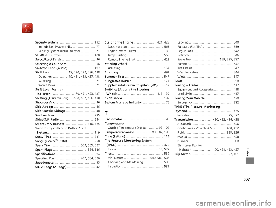 HONDA ACCORD 2016 9.G Repair Manual 607
Index
Security System........................................  132
Immobilizer System Indicator.....................  77
Security System Alarm Indicator ................  77
SEL/RESET Button .....