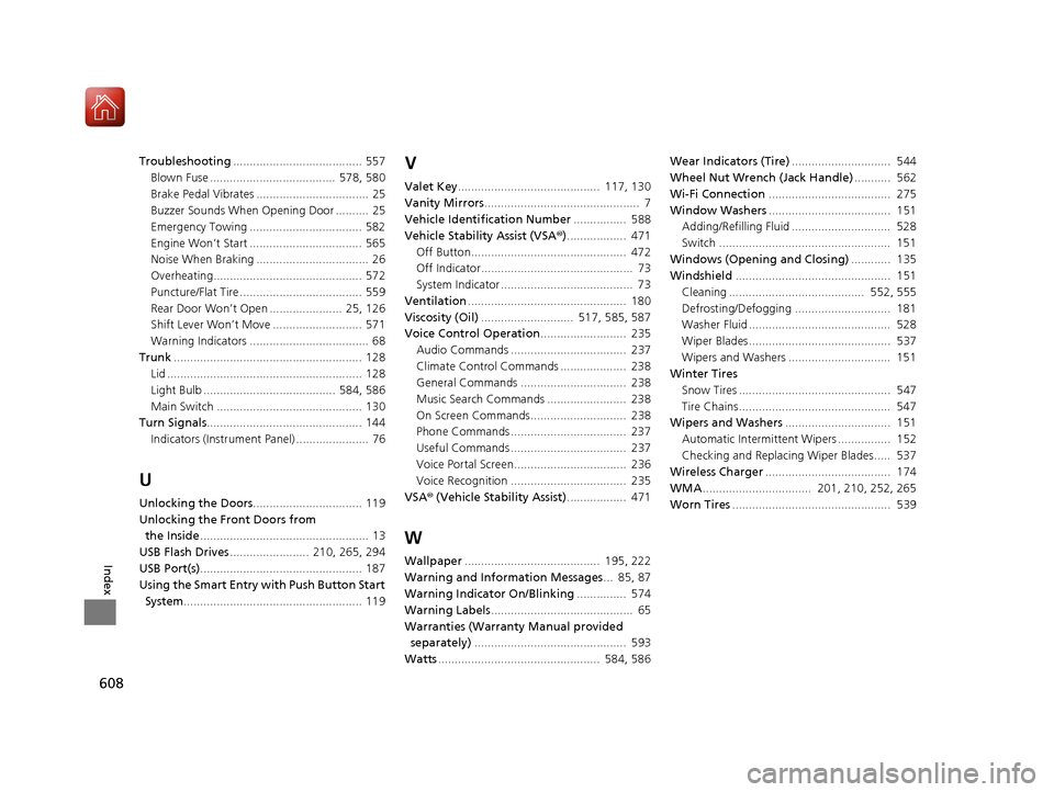 HONDA ACCORD 2016 9.G Owners Manual 608
Index
Troubleshooting....................................... 557
Blown Fuse ......................................  578, 580
Brake Pedal Vibrates ..................................  25
Buzzer Soun