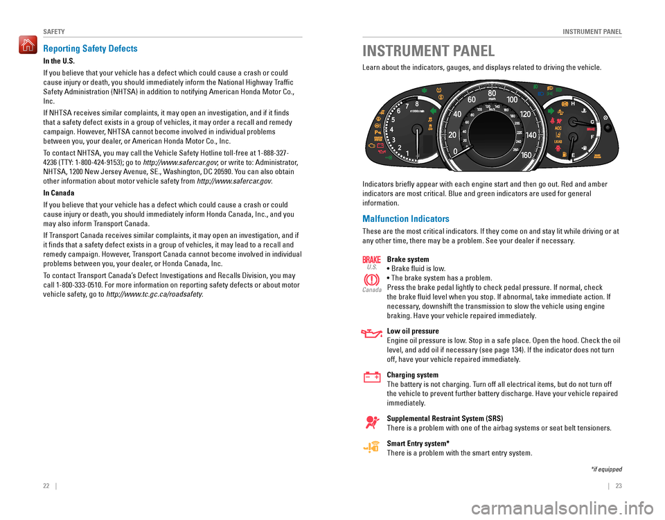 HONDA ACCORD 2016 9.G Quick Guide 22    ||    23
       INSTRUMENT PANELSAFETY
INSTRUMENT PANELReporting Safety Defects
In the U.S.
If you believe that your vehicle has a defect which could cause a crash or