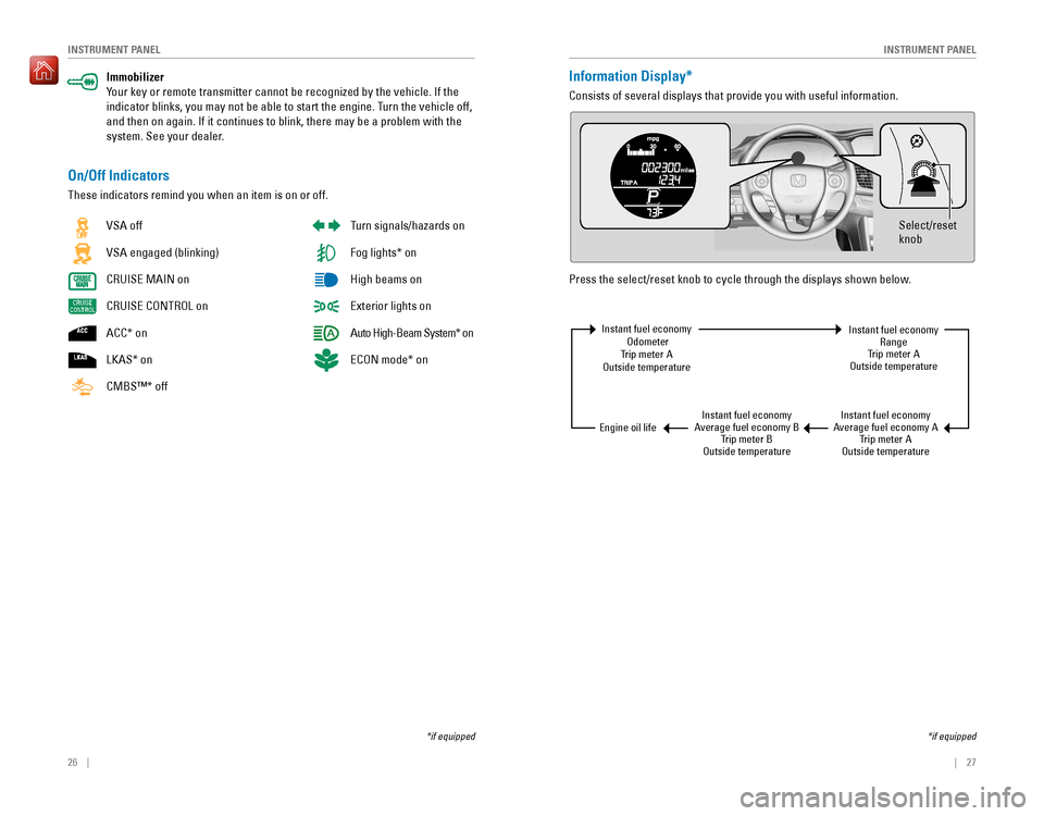 HONDA ACCORD 2016 9.G Quick Guide 26    ||    27
       INSTRUMENT PANELINSTRUMENT PANEL
Immobilizer
Your key or remote transmitter cannot be recognized by the vehicle. If the 
indicator blinks, you may