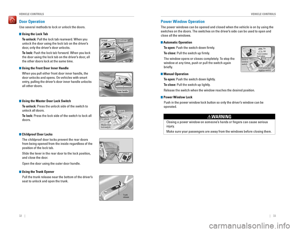 HONDA ACCORD 2016 9.G Quick Guide 32    ||    33
       VEHICLE CONTROLSVEHICLE CONTROLS
Door Operation
Use several methods to lock or unlock the doors.
 Using the Lock Tab
To unlock:
 Pull the lock tab rearward. When yo