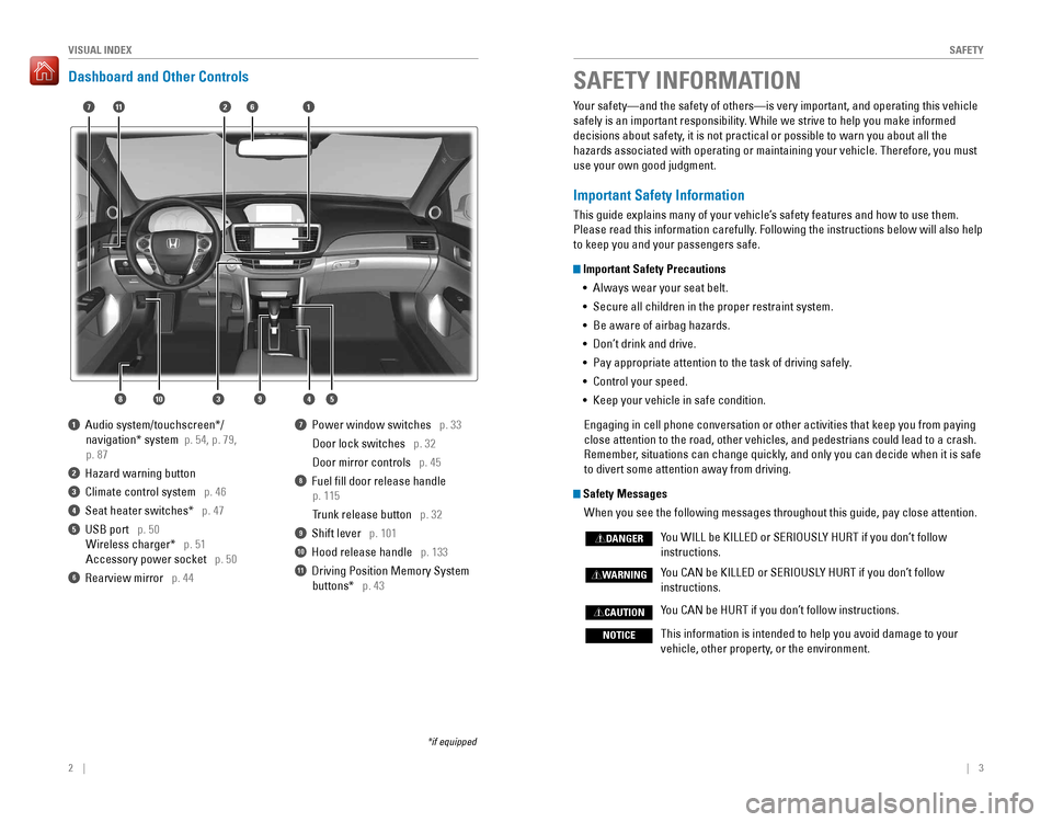HONDA ACCORD 2016 9.G Quick Guide 2 || 3
SAFETYVISUAL INDEX
Dashboard and Other Controls
1  Audio system/touchscreen*/   
 navigation* system  p. 54, p. 79,
p. 87
2  Hazard warning button
3 Cl HONDA ACCORD 2016 9.G Quick Guide 2 || 3
SAFETYVISUAL INDEX
Dashboard and Other Controls
1  Audio system/touchscreen*/   
 navigation* system  p. 54, p. 79,
p. 87
2  Hazard warning button
3 Cl