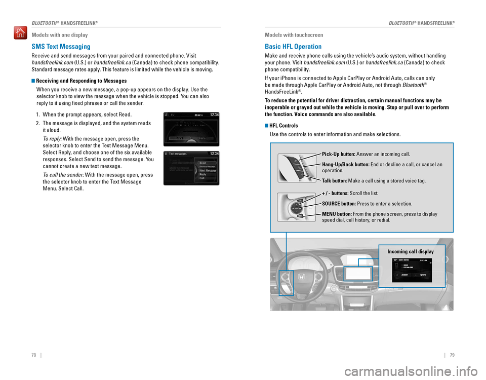 HONDA ACCORD 2016 9.G Quick Guide 78    ||    79
Models with one display
SMS Text Messaging
receive and send messages from your paired and connected phone. visit 
handsfreelink.com (U.S.) or handsfreelink.ca (Canada) to check 
