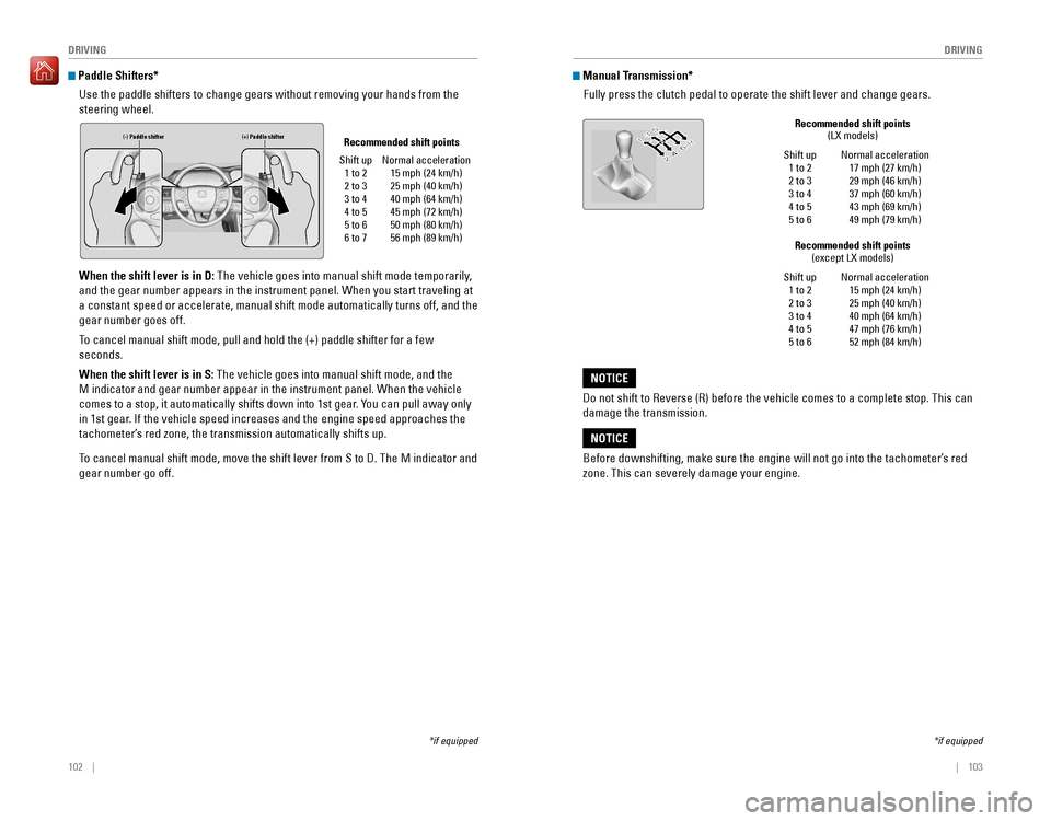 HONDA ACCORD 2016 9.G Quick Guide 102    ||    103
       DRIVING
DRIVING
 Paddle Shifters*
Use the paddle shifters to change gears without removing your hands from\
 the 
steering wheel.
When the shift lever is in D: The vehicle goes