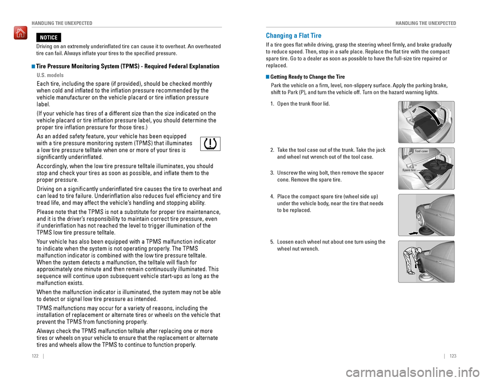 HONDA ACCORD 2016 9.G Quick Guide 122    ||    123
       HANDLING THE UNEXPECTED
HANDLING THE UNEXPECTED
 Tire Pressure Monitoring System (TPMS) - Required Federal Explanation
U.S. models
Each tire, including the spare (if�