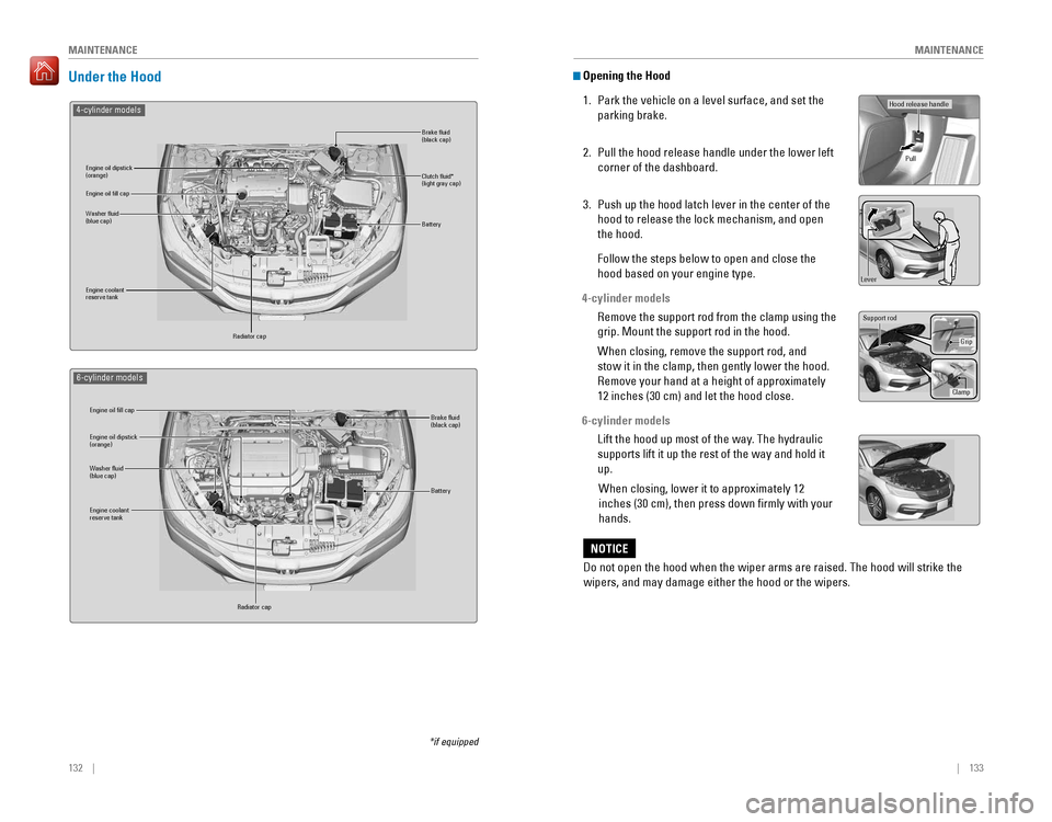 HONDA ACCORD 2016 9.G Quick Guide 132    ||    133
       MAINTENANCEMAINTENANCE
Under the Hood
Brake �uid 
(black cap)
Engine coolant 
reserve tank Radiator cap
Washer �uid
 
(blue cap) Engine oil dipstick 
(orange) Clutch �uid* 
(li