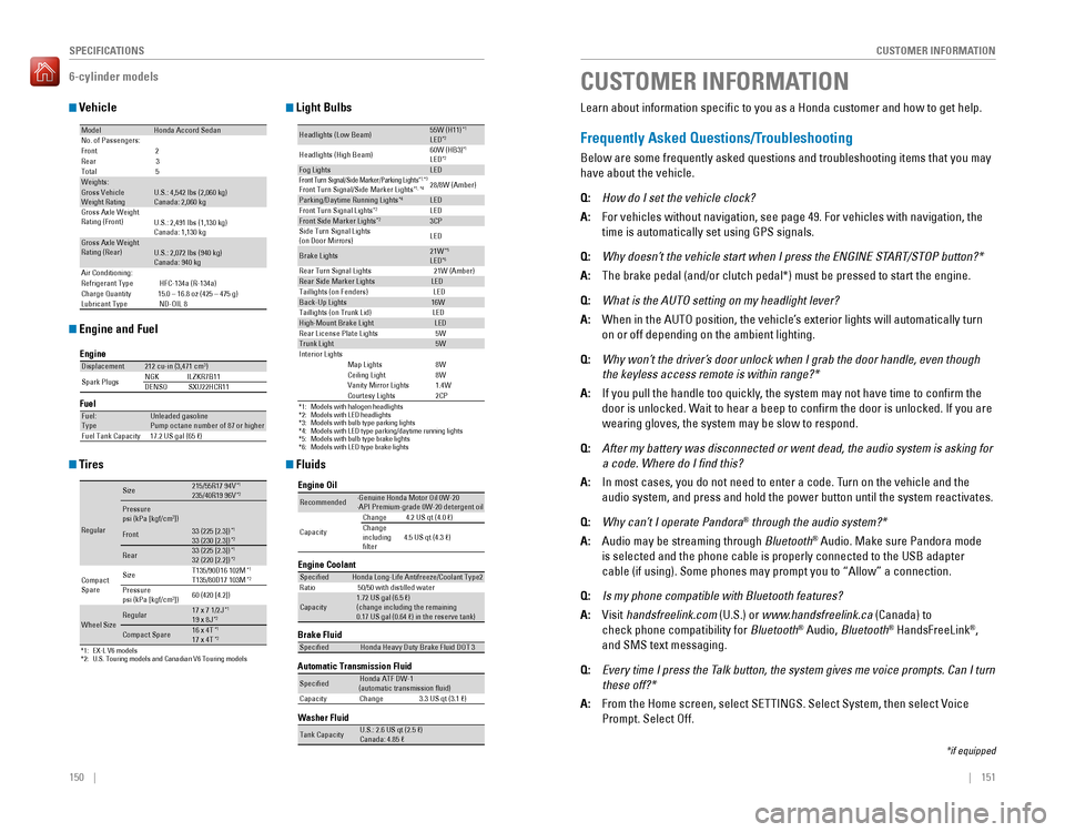 HONDA ACCORD 2016 9.G Quick Guide 150    ||    151
       CUSTOMER INFORMATION
SPECIFICATIONS
6-cylinder models
 Vehicle
 Engine and Fuel
 Tires
 Light Bulbs
 Fluids
ModelHonda Accord SedanNo. of Passengers:
Front 2
Rear 3
Tota l5
Wei