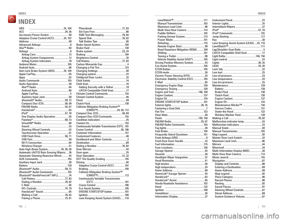 HONDA ACCORD 2016 9.G Quick Guide 156 || 157
INDEX
INDEX
INDEX
ABS .....................................................24, 104ACC .......................................................24, 26
Accessory Power Socket ... HONDA ACCORD 2016 9.G Quick Guide 156 || 157
INDEX
INDEX
INDEX
ABS .....................................................24, 104ACC .......................................................24, 26
Accessory Power Socket ...