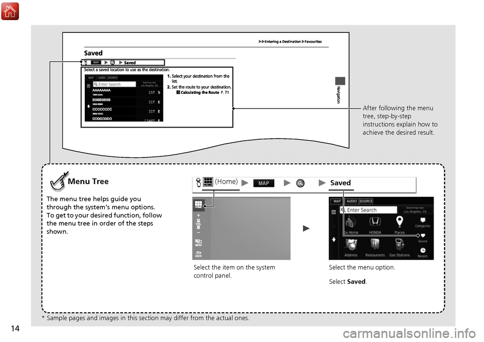 HONDA ACCORD 2017 9.G Navigation Manual 14
Select the item on the system
control panel.
Menu Tree
The menu tree helps guide you
through the system’s menu options.
To get to your desired function, follow
the menu tree in order of the st HONDA ACCORD 2017 9.G Navigation Manual 14
Select the item on the system
control panel.
Menu Tree
The menu tree helps guide you
through the system’s menu options.
To get to your desired function, follow
the menu tree in order of the st
